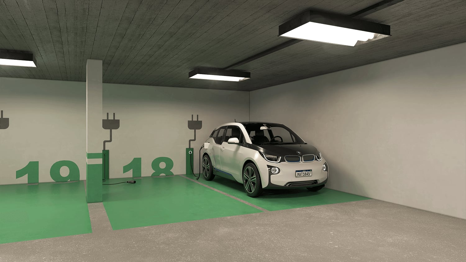 Estacionamento com carregador para carros elétricos em empreendimento da Volcon