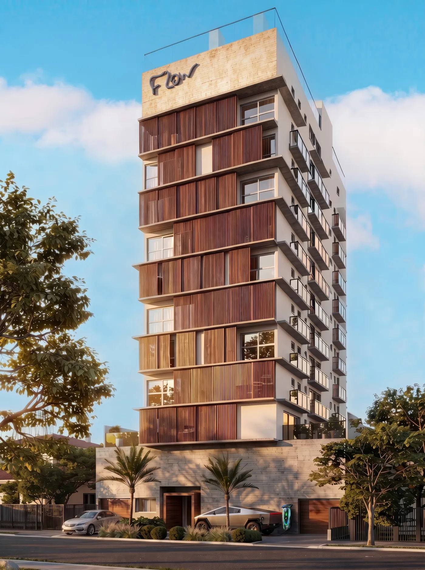 Fachada do Flow Higienópolis, com os brises móveis fechando a frente da torre